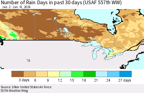 Canada Number of Rain Days in past 30 days (USAF 557th WW) 01/31/2024 Thematic Map For 1/26/2024 - 1/31/2024