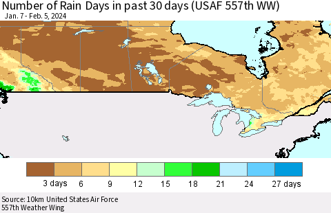 Canada Number of Rain Days in past 30 days (USAF 557th WW) 02/05/2024 Thematic Map For 2/1/2024 - 2/5/2024