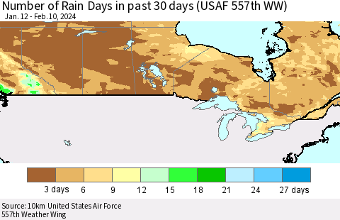 Canada Number of Rain Days in past 30 days (USAF 557th WW) 02/10/2024 Thematic Map For 2/6/2024 - 2/10/2024