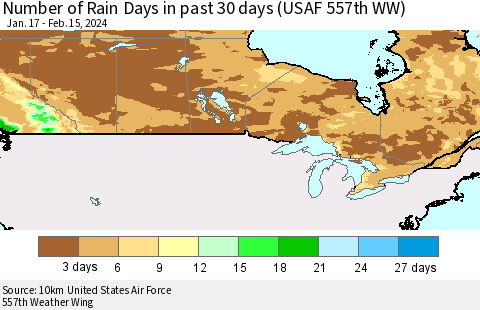 Canada Number of Rain Days in past 30 days (USAF 557th WW) 02/15/2024 Thematic Map For 2/11/2024 - 2/15/2024