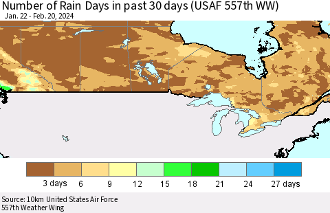 Canada Number of Rain Days in past 30 days (USAF 557th WW) 02/20/2024 Thematic Map For 2/16/2024 - 2/20/2024