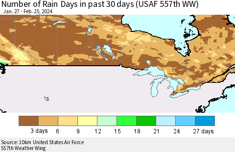 Canada Number of Rain Days in past 30 days (USAF 557th WW) 02/25/2024 Thematic Map For 2/21/2024 - 2/25/2024