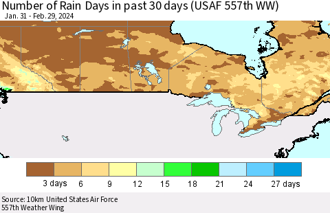 Canada Number of Rain Days in past 30 days (USAF 557th WW) 02/29/2024 Thematic Map For 2/26/2024 - 2/29/2024