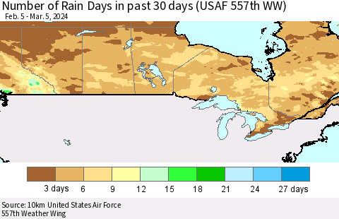 Canada Number of Rain Days in past 30 days (USAF 557th WW) 03/05/2024 Thematic Map For 3/1/2024 - 3/5/2024