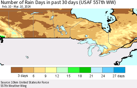 Canada Number of Rain Days in past 30 days (USAF 557th WW) 03/10/2024 Thematic Map For 3/6/2024 - 3/10/2024