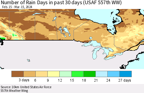 Canada Number of Rain Days in past 30 days (USAF 557th WW) 03/15/2024 Thematic Map For 3/11/2024 - 3/15/2024