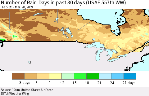 Canada Number of Rain Days in past 30 days (USAF 557th WW) 03/20/2024 Thematic Map For 3/16/2024 - 3/20/2024