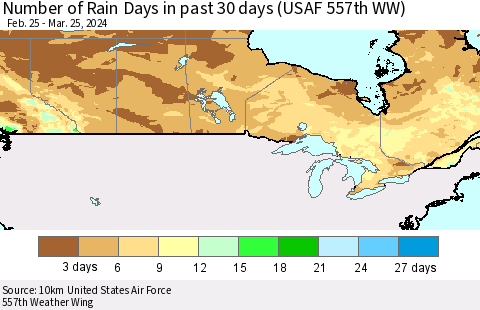 Canada Number of Rain Days in past 30 days (USAF 557th WW) 03/25/2024 Thematic Map For 3/21/2024 - 3/25/2024