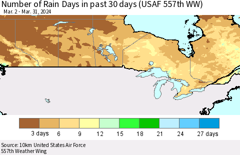 Canada Number of Rain Days in past 30 days (USAF 557th WW) 03/31/2024 Thematic Map For 3/26/2024 - 3/31/2024
