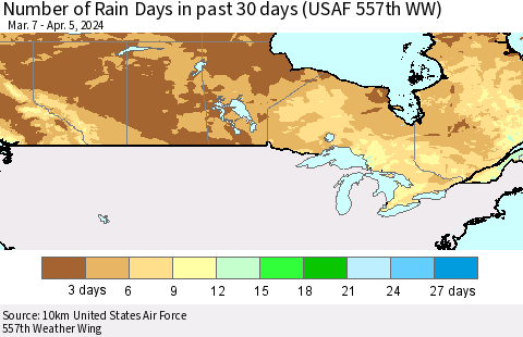 Canada Number of Rain Days in past 30 days (USAF 557th WW) 04/05/2024 Thematic Map For 4/1/2024 - 4/5/2024