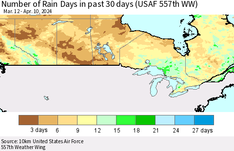 Canada Number of Rain Days in past 30 days (USAF 557th WW) 04/10/2024 Thematic Map For 4/6/2024 - 4/10/2024