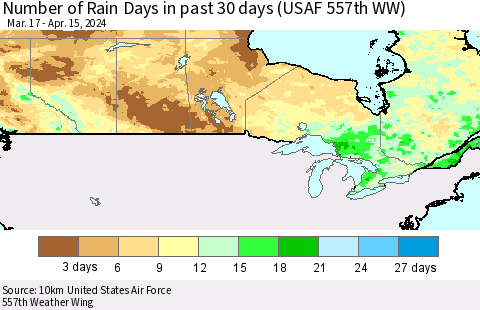 Canada Number of Rain Days in past 30 days (USAF 557th WW) 04/15/2024 Thematic Map For 4/11/2024 - 4/15/2024