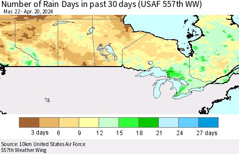 Canada Number of Rain Days in past 30 days (USAF 557th WW) 04/20/2024 Thematic Map For 4/16/2024 - 4/20/2024