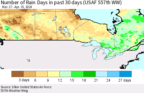 Canada Number of Rain Days in past 30 days (USAF 557th WW) 04/25/2024 Thematic Map For 4/21/2024 - 4/25/2024