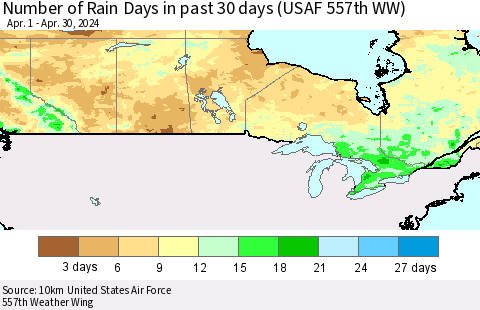 Canada Number of Rain Days in past 30 days (USAF 557th WW) 04/30/2024 Thematic Map For 4/26/2024 - 4/30/2024