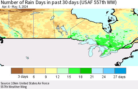 Canada Number of Rain Days in past 30 days (USAF 557th WW) 05/05/2024 Thematic Map For 5/1/2024 - 5/5/2024