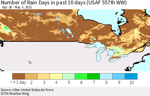 Canada Number of Rain Days in past 10 days (USAF 557th WW) Thematic Map For 5/1/2021 - 5/5/2021