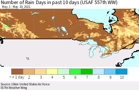 Canada Number of Rain Days in past 10 days (USAF 557th WW) Thematic Map For 5/6/2021 - 5/10/2021