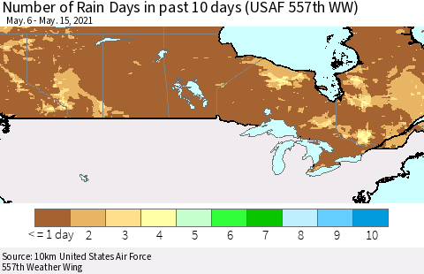Canada Number of Rain Days in past 10 days (USAF 557th WW) Thematic Map For 5/11/2021 - 5/15/2021