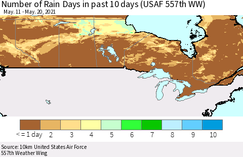 Canada Number of Rain Days in past 10 days (USAF 557th WW) Thematic Map For 5/16/2021 - 5/20/2021