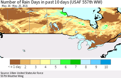 Canada Number of Rain Days in past 10 days (USAF 557th WW) Thematic Map For 5/21/2021 - 5/25/2021