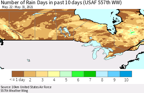 Canada Number of Rain Days in past 10 days (USAF 557th WW) Thematic Map For 5/26/2021 - 5/31/2021
