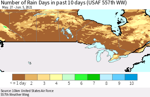 Canada Number of Rain Days in past 10 days (USAF 557th WW) Thematic Map For 6/1/2021 - 6/5/2021