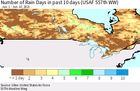 Canada Number of Rain Days in past 10 days (USAF 557th WW) Thematic Map For 6/6/2021 - 6/10/2021