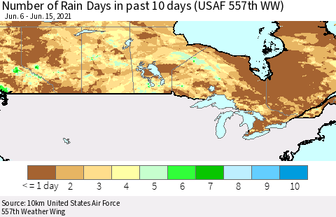 Canada Number of Rain Days in past 10 days (USAF 557th WW) Thematic Map For 6/11/2021 - 6/15/2021