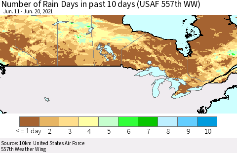 Canada Number of Rain Days in past 10 days (USAF 557th WW) Thematic Map For 6/16/2021 - 6/20/2021