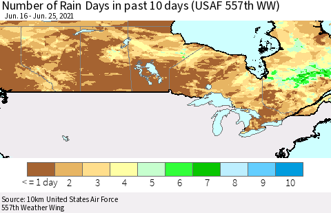Canada Number of Rain Days in past 10 days (USAF 557th WW) Thematic Map For 6/21/2021 - 6/25/2021