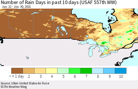 Canada Number of Rain Days in past 10 days (USAF 557th WW) Thematic Map For 6/26/2021 - 6/30/2021