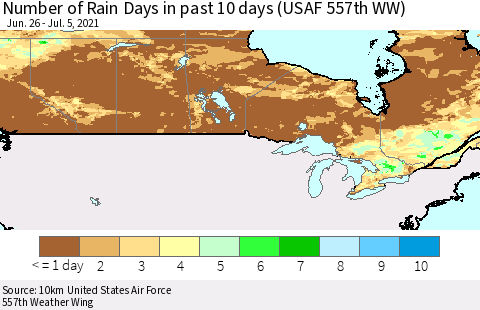 Canada Number of Rain Days in past 10 days (USAF 557th WW) Thematic Map For 7/1/2021 - 7/5/2021