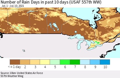 Canada Number of Rain Days in past 10 days (USAF 557th WW) Thematic Map For 7/6/2021 - 7/10/2021