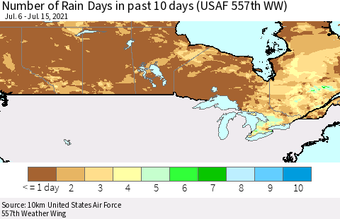 Canada Number of Rain Days in past 10 days (USAF 557th WW) Thematic Map For 7/11/2021 - 7/15/2021