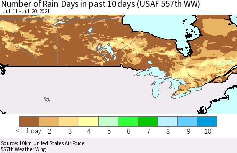 Canada Number of Rain Days in past 10 days (USAF 557th WW) Thematic Map For 7/16/2021 - 7/20/2021