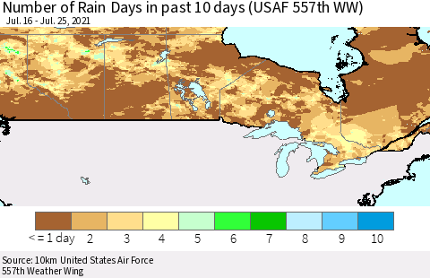 Canada Number of Rain Days in past 10 days (USAF 557th WW) Thematic Map For 7/21/2021 - 7/25/2021