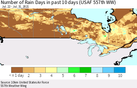 Canada Number of Rain Days in past 10 days (USAF 557th WW) Thematic Map For 7/26/2021 - 7/31/2021