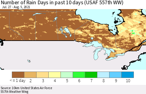 Canada Number of Rain Days in past 10 days (USAF 557th WW) Thematic Map For 8/1/2021 - 8/5/2021