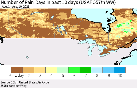 Canada Number of Rain Days in past 10 days (USAF 557th WW) Thematic Map For 8/6/2021 - 8/10/2021