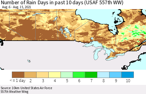 Canada Number of Rain Days in past 10 days (USAF 557th WW) Thematic Map For 8/11/2021 - 8/15/2021
