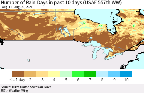 Canada Number of Rain Days in past 10 days (USAF 557th WW) Thematic Map For 8/16/2021 - 8/20/2021