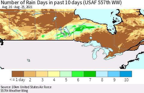 Canada Number of Rain Days in past 10 days (USAF 557th WW) Thematic Map For 8/21/2021 - 8/25/2021