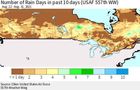 Canada Number of Rain Days in past 10 days (USAF 557th WW) Thematic Map For 8/26/2021 - 8/31/2021