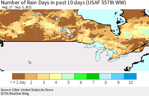 Canada Number of Rain Days in past 10 days (USAF 557th WW) Thematic Map For 9/1/2021 - 9/5/2021