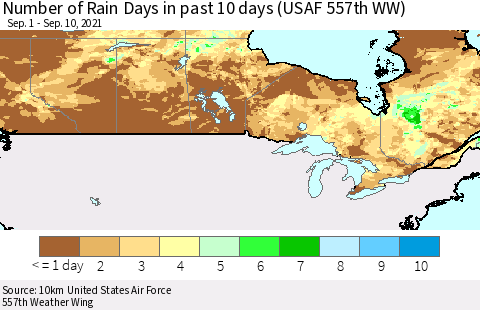 Canada Number of Rain Days in past 10 days (USAF 557th WW) Thematic Map For 9/6/2021 - 9/10/2021