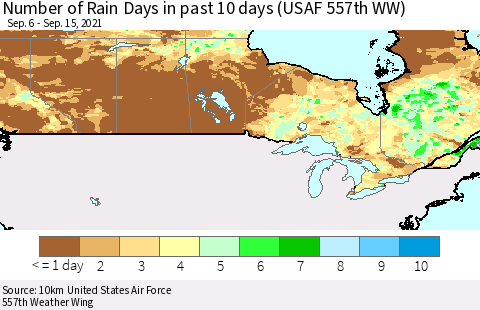 Canada Number of Rain Days in past 10 days (USAF 557th WW) Thematic Map For 9/11/2021 - 9/15/2021