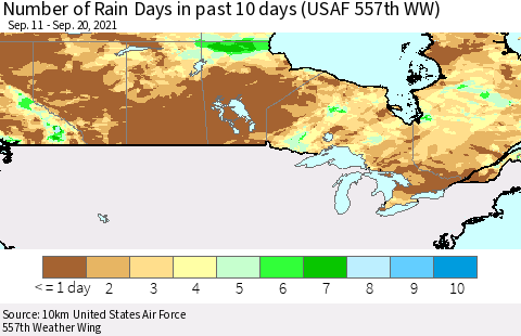 Canada Number of Rain Days in past 10 days (USAF 557th WW) Thematic Map For 9/16/2021 - 9/20/2021
