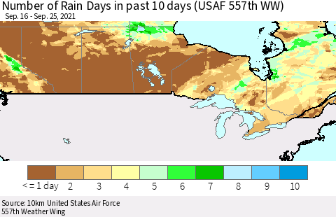 Canada Number of Rain Days in past 10 days (USAF 557th WW) Thematic Map For 9/21/2021 - 9/25/2021