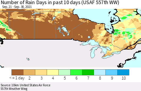 Canada Number of Rain Days in past 10 days (USAF 557th WW) Thematic Map For 9/26/2021 - 9/30/2021